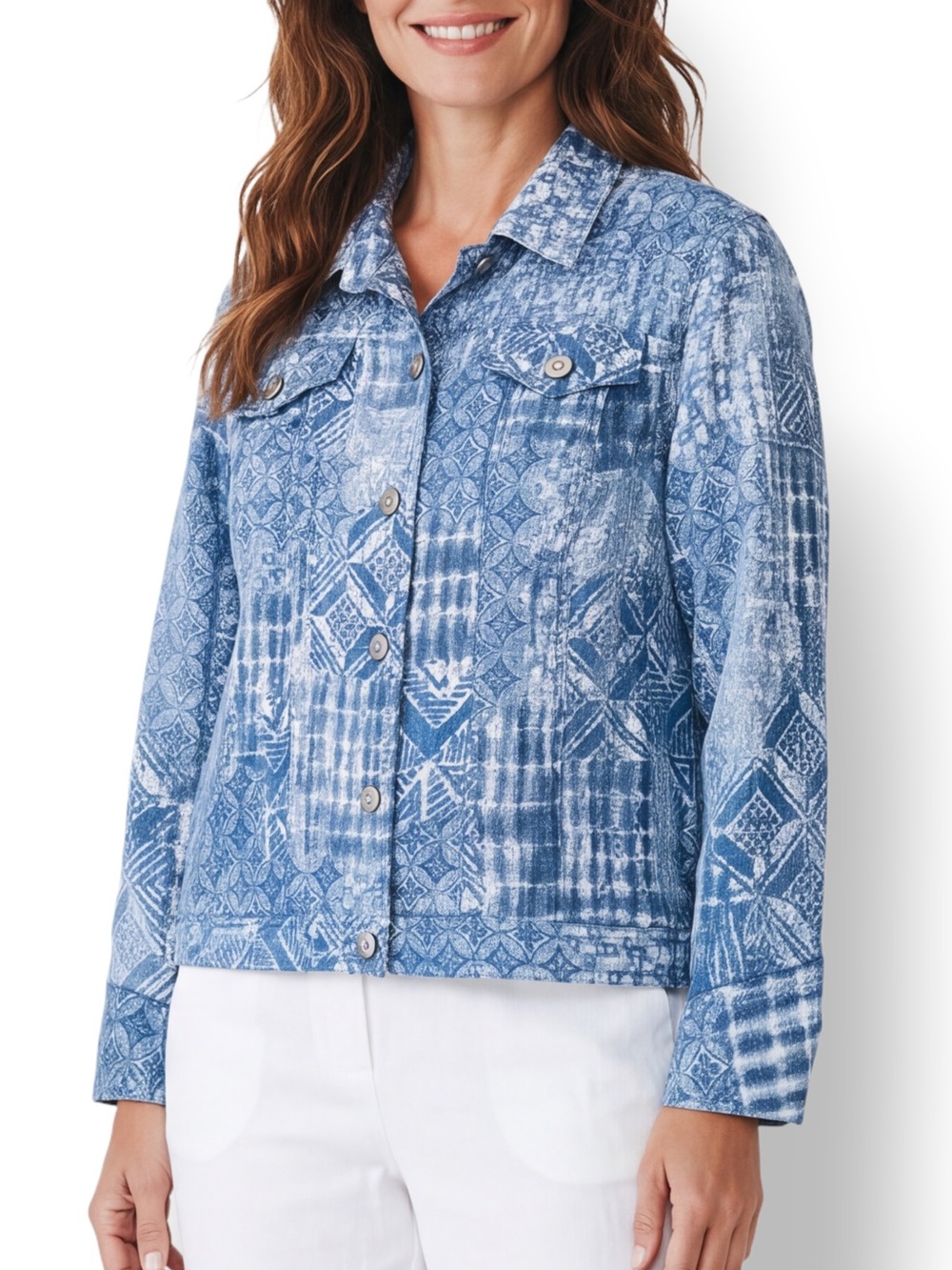 4/$20 Ruby Rd Blue White Opalescent Geometric Lightweight Jacket Size 14